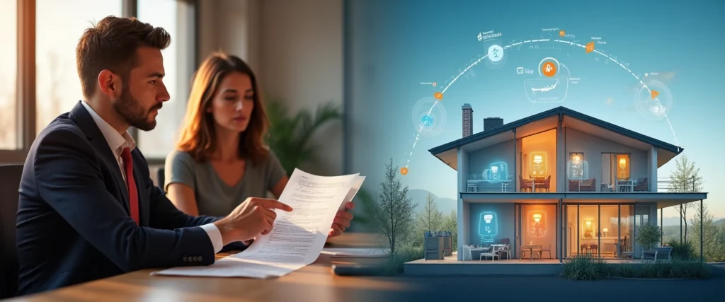 couple discutant d'un document que l'homme tient dans les mains et illustration d'une maison