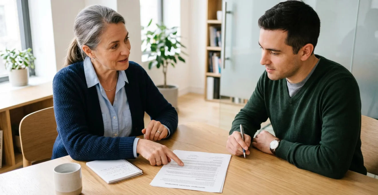 Un conseiller financier d'une cinquantaine d'années, vêtement sobre, montre un point précis dans un document contractuel posé sur une table, en présence d'un client qui écoute attentivement