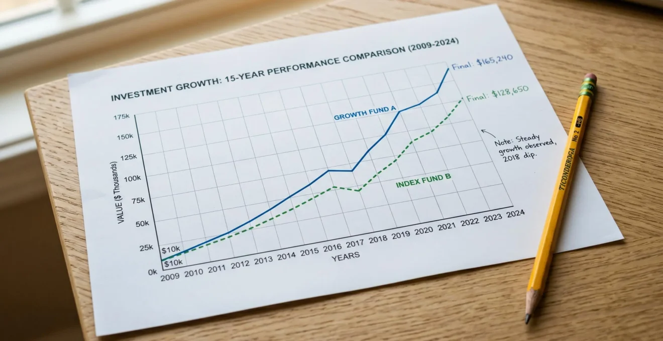 Gros plan sur une feuille de calcul montrant l'évolution comparée de deux placements sur 15 ans, posée sur une table de travail claire, avec un crayon posé à côté