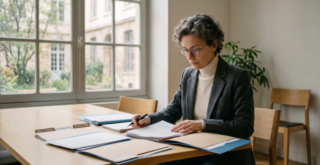 Une personne d'une quarantaine d'années, assise à une table lumineuse, examine attentivement plusieurs documents financiers posés devant elle, avec une expression de concentration sereine