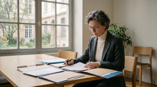 Une personne d'une quarantaine d'années, assise à une table lumineuse, examine attentivement plusieurs documents financiers posés devant elle, avec une expression de concentration sereine