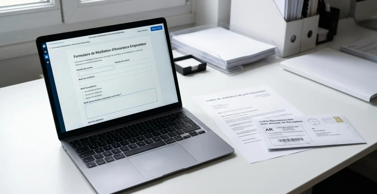 Bureau avec ordinateur portable affichant un formulaire de résiliation d'assurance emprunteur en français, lettre de résiliation imprimée et enveloppe recommandée à côté