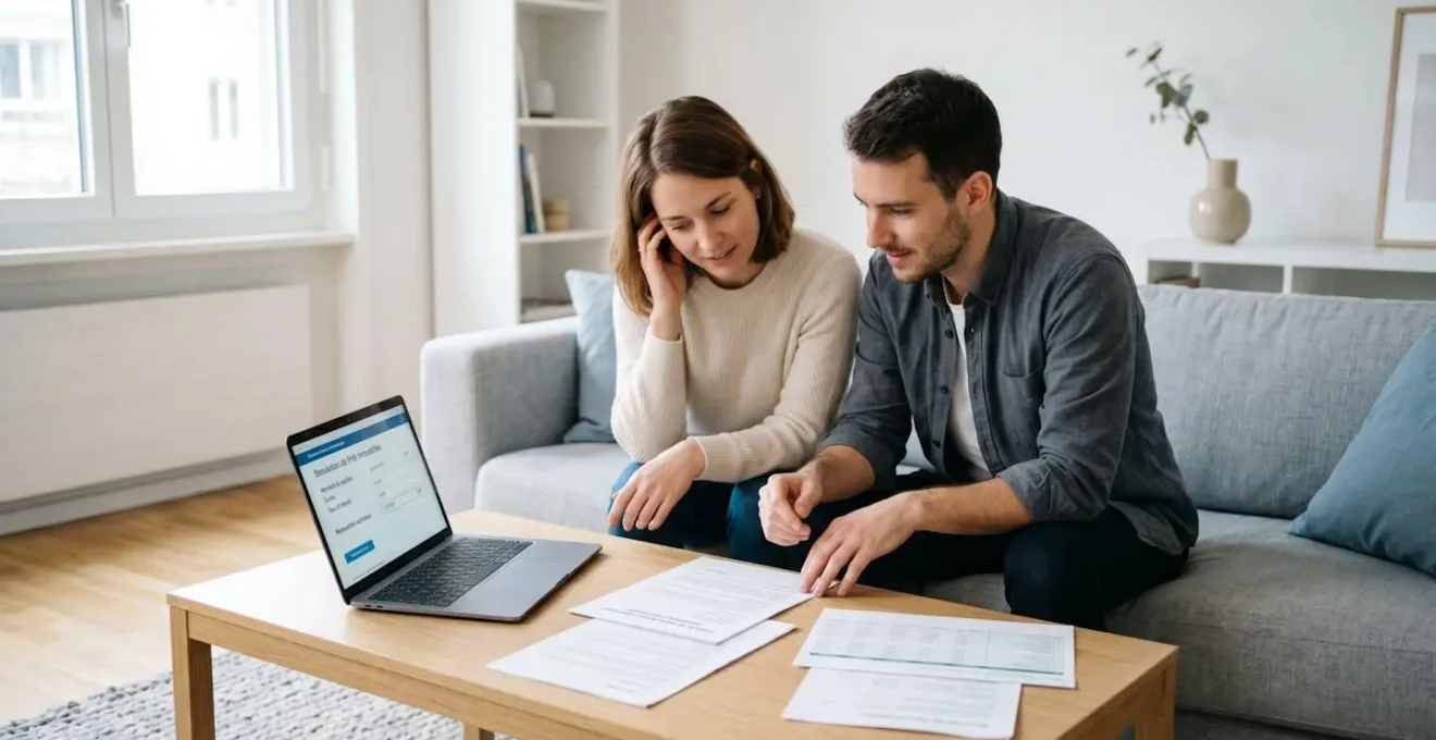 Couple trentenaire consultant ensemble des documents d'assurance emprunteur et un ordinateur portable dans un salon contemporain lumineux avec mobilier scandinave épuré