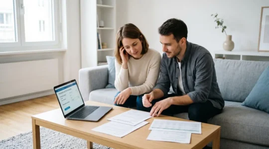 Couple trentenaire consultant ensemble des documents d'assurance emprunteur et un ordinateur portable dans un salon contemporain lumineux avec mobilier scandinave épuré