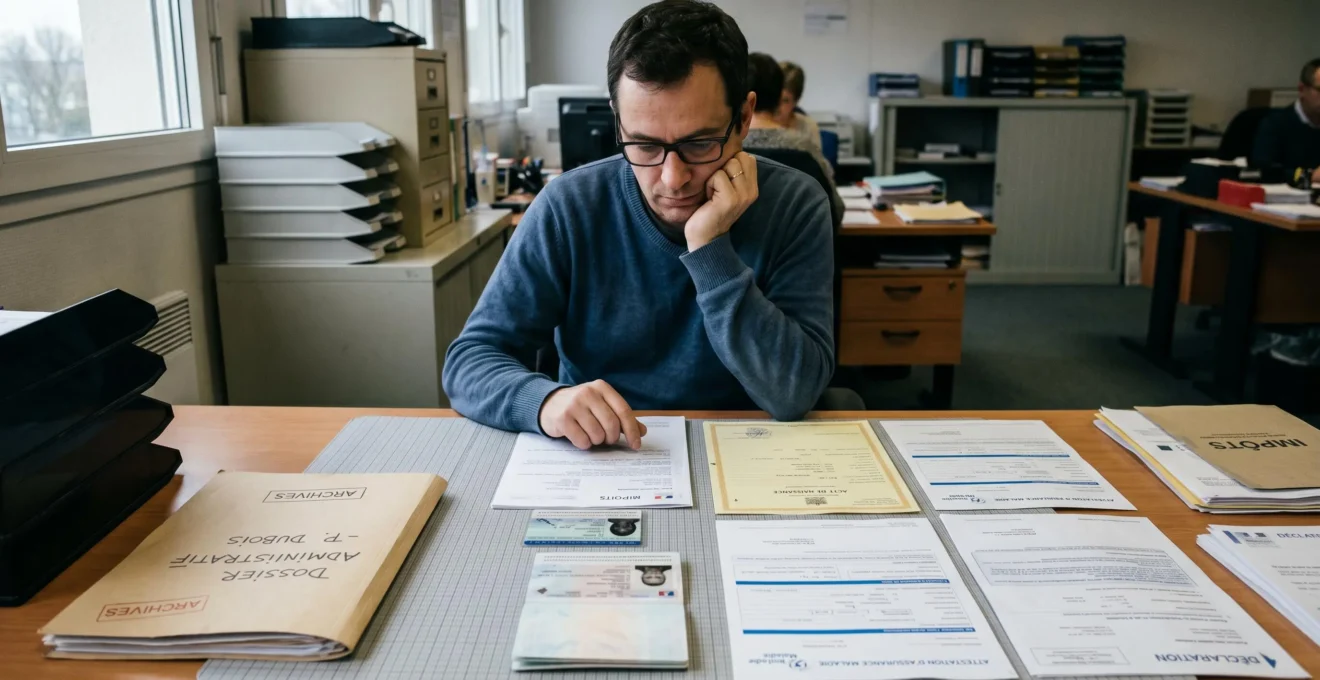 Dossier administratif ouvert avec documents d'identité, justificatifs d'état civil et formulaires d'assurance disposés de manière organisée
