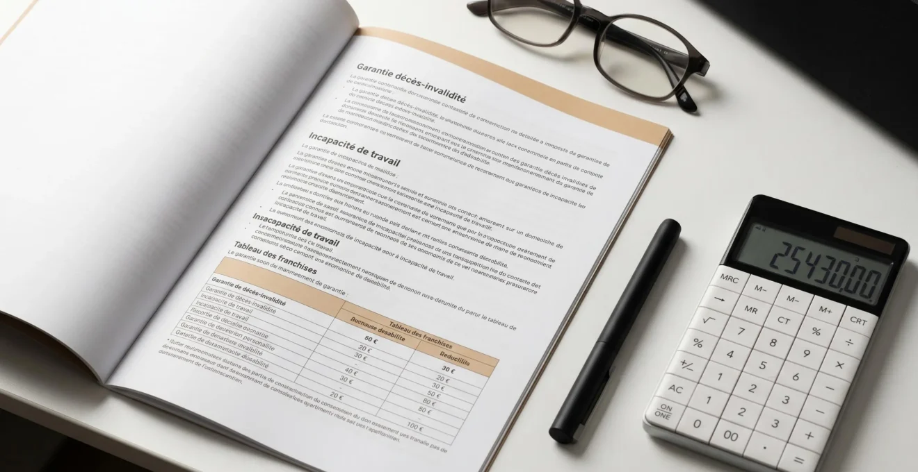 Gros plan sur des documents contractuels d'assurance emprunteur ouverts montrant clauses de garanties, avec stylo moderne, calculatrice et lunettes sur un bureau blanc contemporain