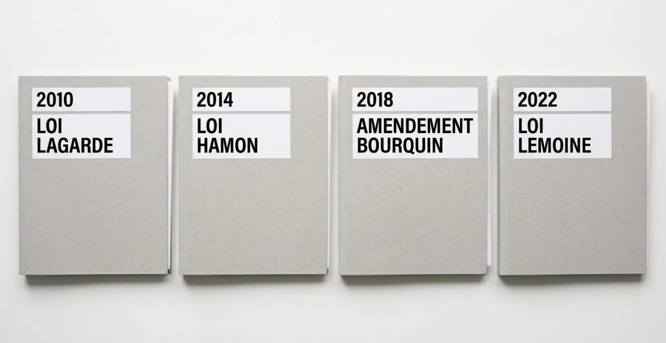 Vue de dessus de quatre dossiers alignés horizontalement sur un bureau blanc, étiquetés chronologiquement 2010 Loi Lagarde, 2014 Loi Hamon, 2018 Amendement Bourquin, 2022 Loi Lemoine