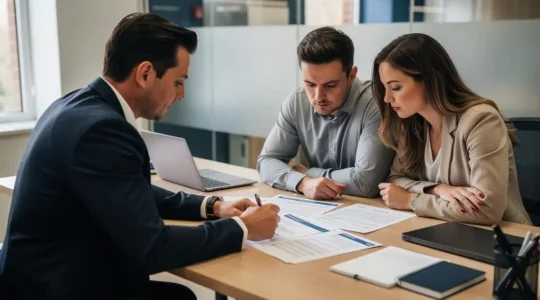 Un conseiller financier explique les documents d'assurance emprunteur à un couple assis à un bureau dans un environnement bancaire professionnel