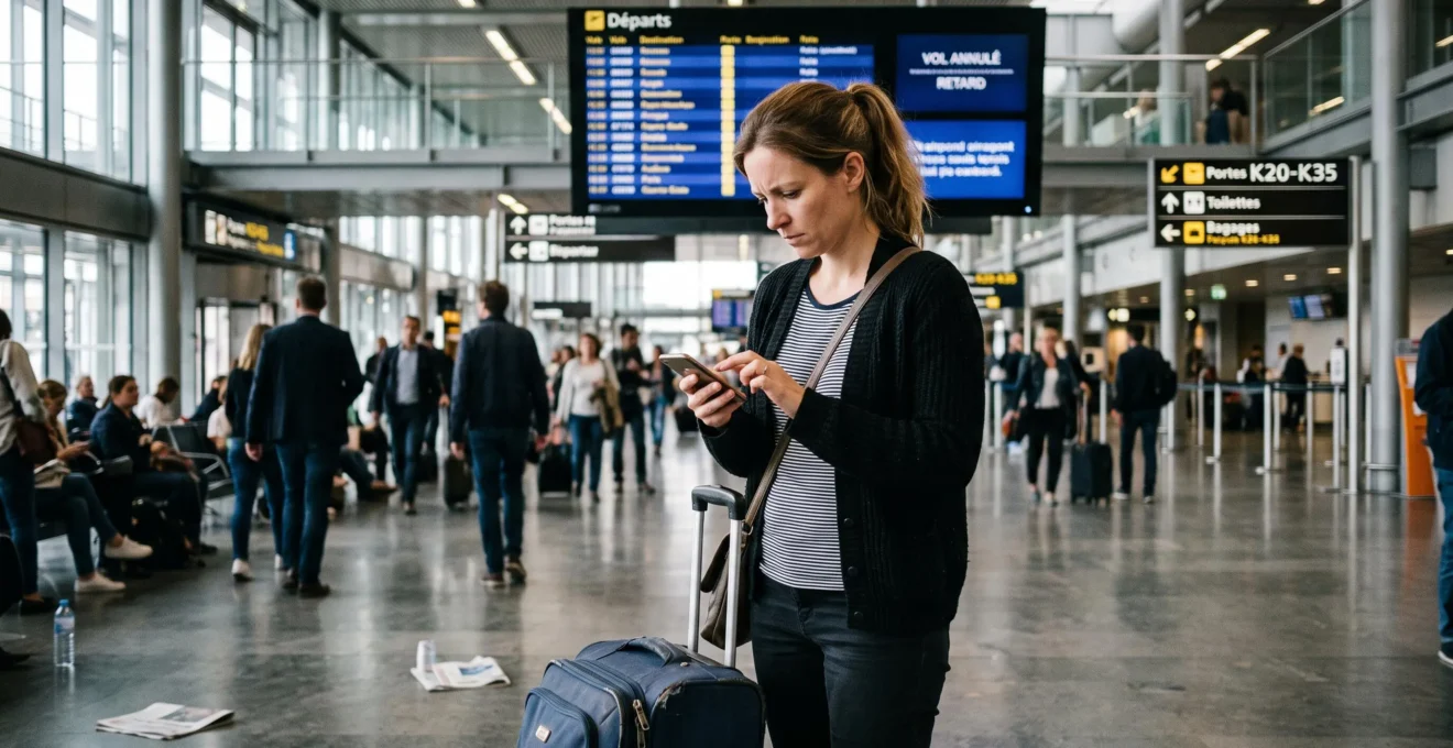 Femme consultant son smartphone avec préoccupation dans un terminal d'aéroport français avant son départ